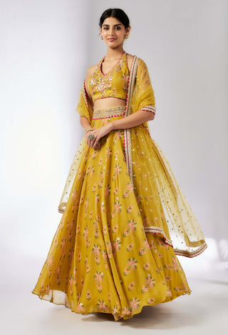 Bhairavi Mustard Lehenga Set by Gopi Vaid, available on Indiaspopup.com