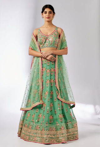 Malini Mint Lehenga Set by Gopi Vaid, available on Indiaspopup.com