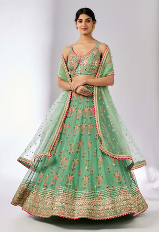 Malini Mint Lehenga Set by Gopi Vaid, available on Indiaspopup.com