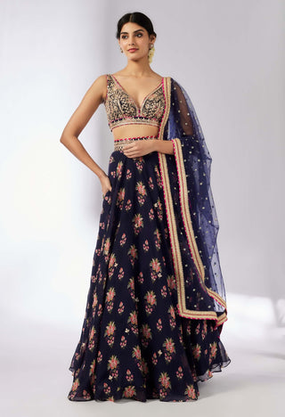 Esha Navy Lehenga Set by Gopi Vaid, available on Indiaspopup.com