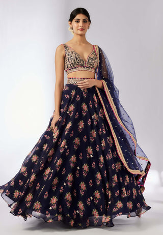 Esha Navy Lehenga Set by Gopi Vaid, available on Indiaspopup.com