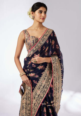 Mahira Navy Sari And Blouse by Gopi Vaid, available on Indiaspopup.com