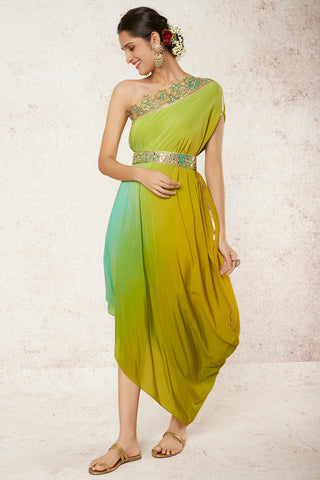 Gopi Vaid-Swastika Green One-Shoulder Dress And Belt-INDIASPOPUP.COM