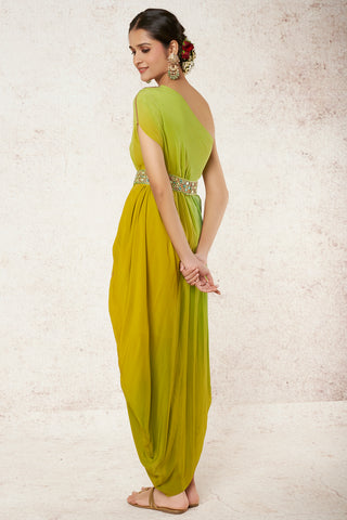 Gopi Vaid-Swastika Green One-Shoulder Dress And Belt-INDIASPOPUP.COM