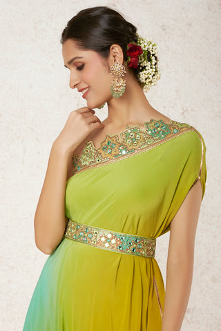 Gopi Vaid-Swastika Green One-Shoulder Dress And Belt-INDIASPOPUP.COM