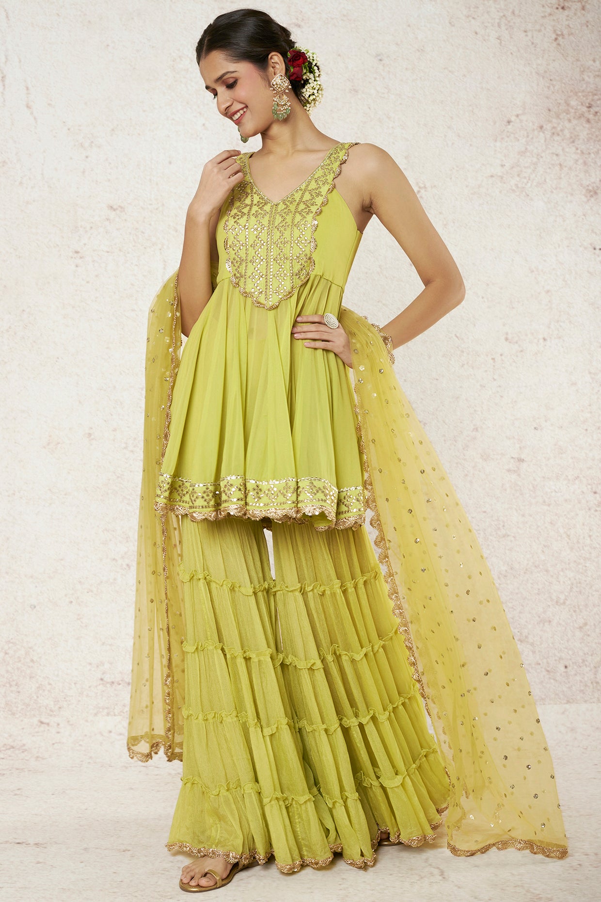 Jazeera Peplum Sharara Set - Green / S Jazeera Peplum Sharara Set - Green / S