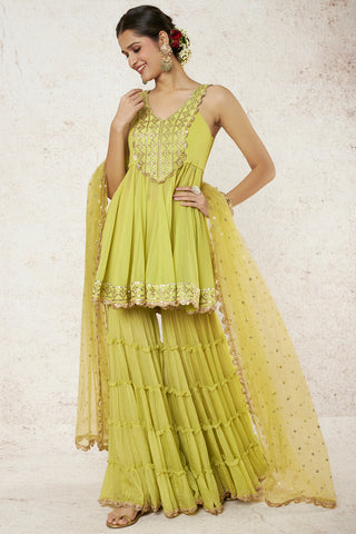 Gopi Vaid-Jazeera Lime Green Peplum Sharara Set-INDIASPOPUP.COM