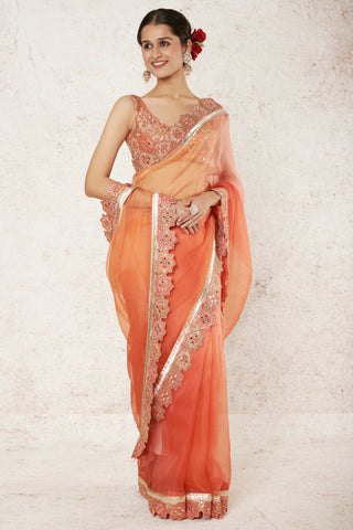 Gopi Vaid-Uzvi Coral Sari And Blouse-INDIASPOPUP.COM