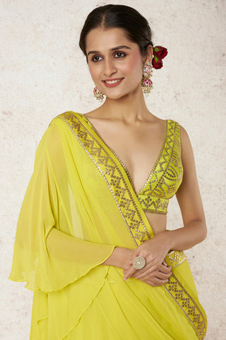 Gopi Vaid-Abshar Green Chiffon Sari And Blouse-INDIASPOPUP.COM