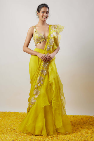 Divya Yellow Ruffle Sari Set by Gopi Vaid available on Indiaspopup