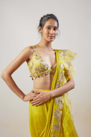 Divya Yellow Ruffle Sari Set by Gopi Vaid available on Indiaspopup