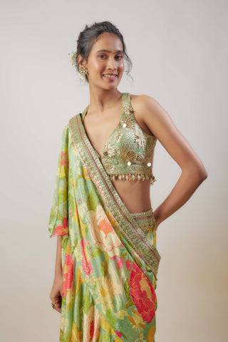 Disha Mint Green Ruffle Sari And Blouse by Gopi Vaid available on Indiaspopup