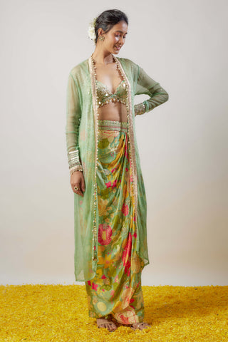 Saisha Mint Green Drape Skirt And Cape Set by Gopi Vaid available on Indiaspopup