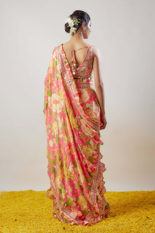 Naina Pink Ruffle Sari And Blouse by Gopi Vaid available on Indiaspopup