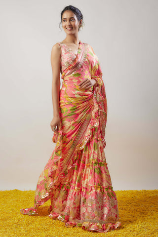 Naina Pink Ruffle Sari And Blouse by Gopi Vaid available on Indiaspopup