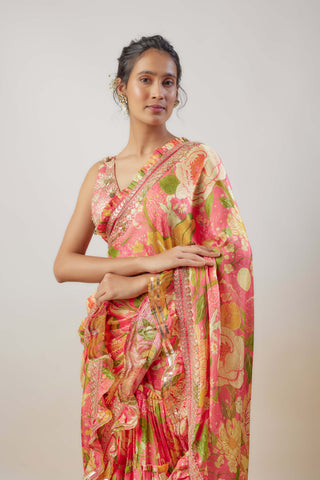 Naina Pink Ruffle Sari And Blouse by Gopi Vaid available on Indiaspopup