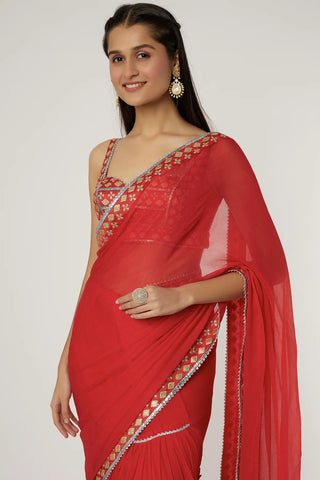 Gopi Vaid-Shilpa Red Drape Sari And Blouse-INDIASPOPUP.COM