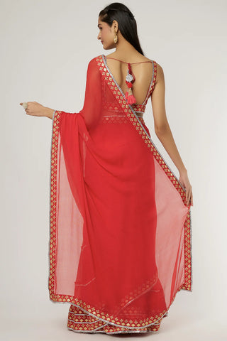 Gopi Vaid-Shilpa Red Drape Sari And Blouse-INDIASPOPUP.COM