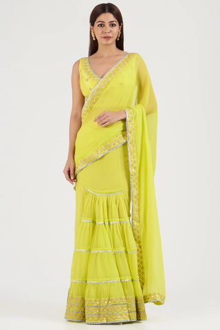 Gopi Vaid-Vanni Lime Green Draped Sari And Blouse-INDIASPOPUP.COM