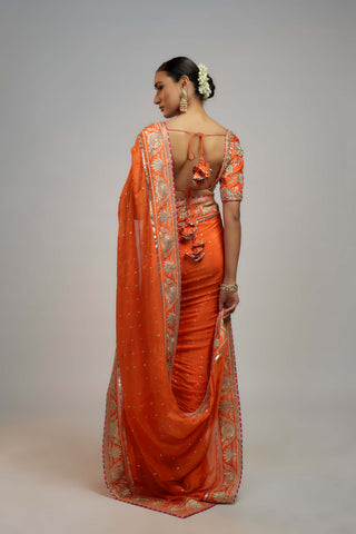 Gopi Vaid-Orange Fez Sari And Blouse-INDIASPOPUP.COM