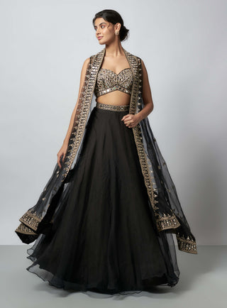 Chandana Black Lehenga And Cape Set by Gopi Vaid available on Indiaspopup