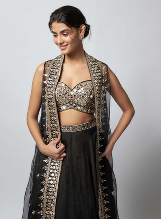 Chandana Black Lehenga And Cape Set by Gopi Vaid available on Indiaspopup