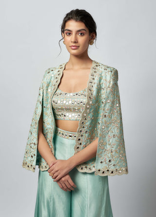 Ajala Powder Blue Pant And Cape Set by Gopi Vaid available on Indiaspopup