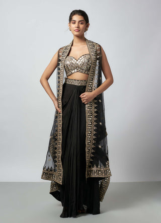 Namra Black Draped Skirt And Cape Set by Gopi Vaid available on Indiaspopup