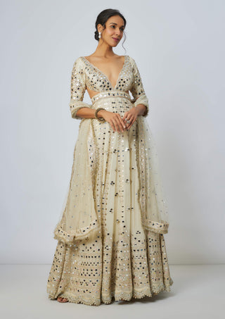 Aasmi Ivory Anarkali Set by Gopi Vaid available on Indiaspopup