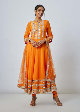 Varya Orange Anarkali Set by Gopi Vaid available on Indiaspopup