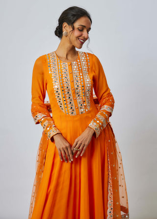 Varya Orange Anarkali Set by Gopi Vaid available on Indiaspopup