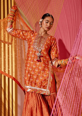 Gopi Vaid-Tilla Orange Short Gharara Set-INDIASPOPUP.COM