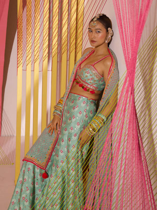 Gopi Vaid-Mint Green Tilla Cape And Pant Set-INDIASPOPUP.COM