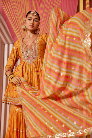 Gopi Vaid-Mustard Rashida Peplum Sharara Set-INDIASPOPUP.COM