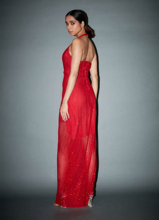 Itrh-Abigal Red Embellished Drape Gown-INDIASPOPUP.COM