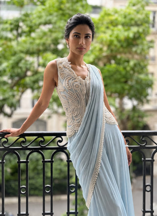 Aveline blue sharara sari with jacket blouse
