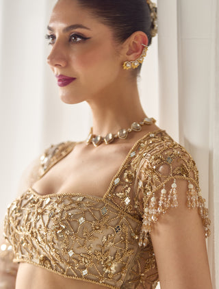 Beige mukaish and mirrorwork lehenga set