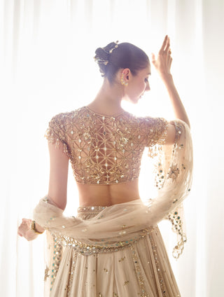 Beige mukaish and mirrorwork lehenga set