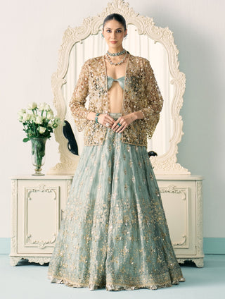 Aqua green tissue lehenga with jacket set