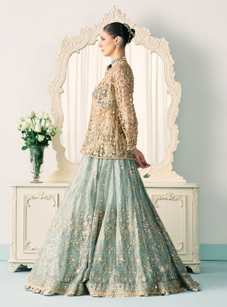 Aqua green tissue lehenga with jacket set