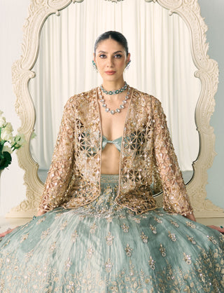 Aqua green tissue lehenga with jacket set