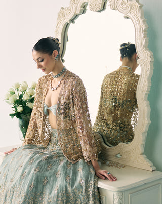Aqua green tissue lehenga with jacket set