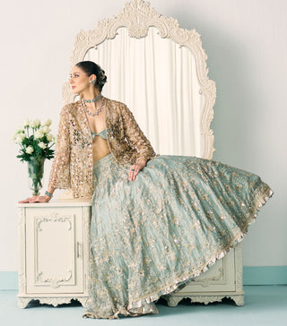 Aqua green tissue lehenga with jacket set