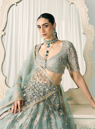 Aqua green tissue lehenga set