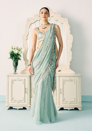 Aqua mukaish work sari and blouse