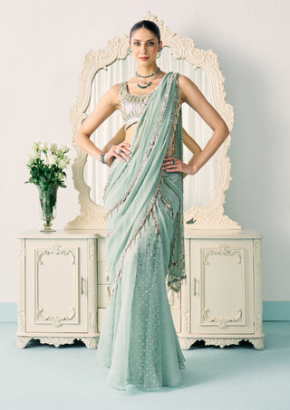 Aqua mukaish work sari and blouse