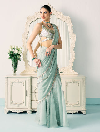Aqua mukaish work sari and blouse