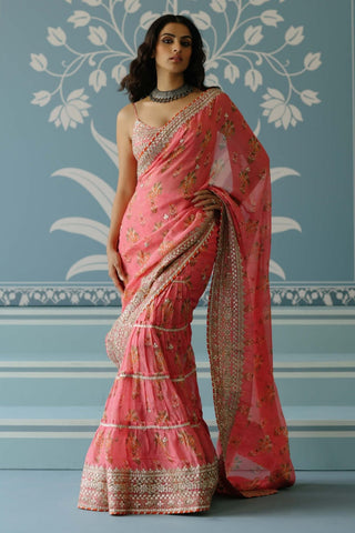 Mahira Pink Sari And Blouse by Gopi Vaid, available on Indiaspopup.com