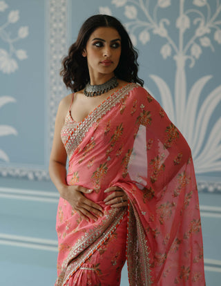 Mahira Pink Sari And Blouse by Gopi Vaid, available on Indiaspopup.com