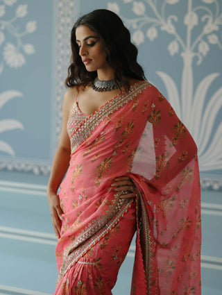 Mahira Pink Sari And Blouse by Gopi Vaid, available on Indiaspopup.com